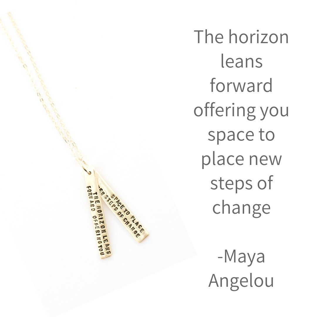 "The horizon leans forward offering you space to place new steps of change" -Maya Angelou Quote Necklace - Chocolate and Steel