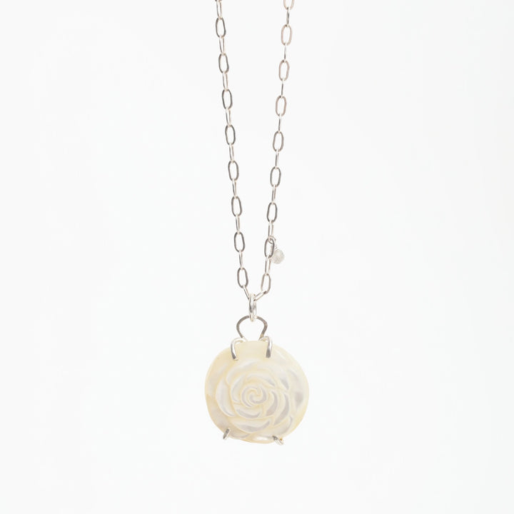 "The White Rose" Carved Mother of Pearl Flower Necklace - Chocolate and Steel