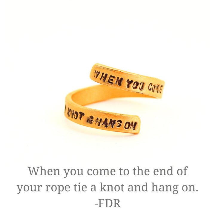 "When You Come to the End of your Rope Tie a Knot and Hang On" -Franklin D. Roosevelt Wrap Ring - Chocolate and Steel