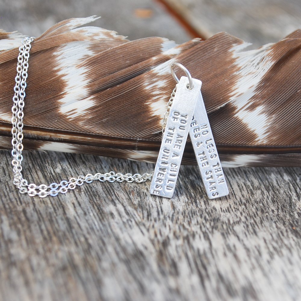 "You are a child of the universe, no less than the trees and the stars." - Max Ehrmann Quote Necklace - Chocolate and Steel